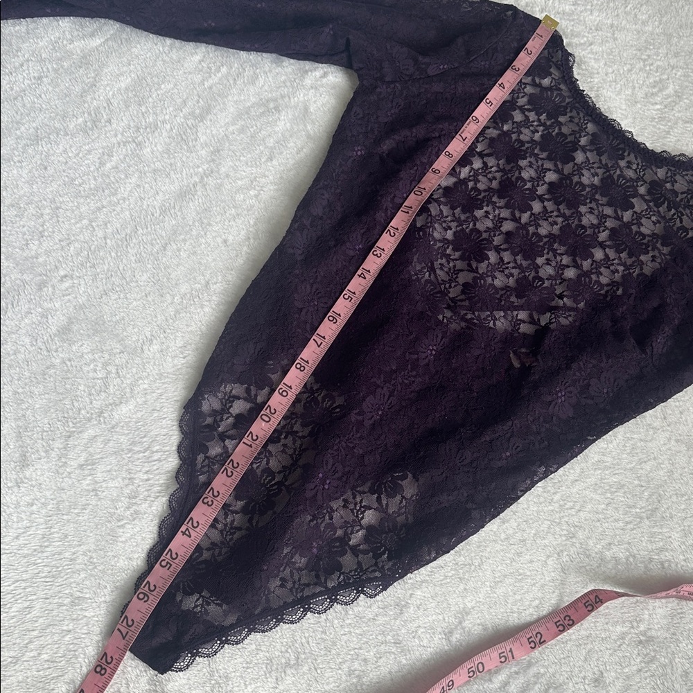 Purple Sheer Floral Lace‎ Long Sleeve Romantic Feminine Open Back Bodysuit M - Picture 6 of 9
